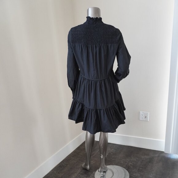 Veronica Beard Vigore Black Dress Smocked High Neck Tiered A line Size 2 - Picture 4 of 9